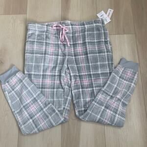 Joyspun Grey Pink Plaid Plush Fleece Sleep Joggers Loungewear Pants Sz XL New